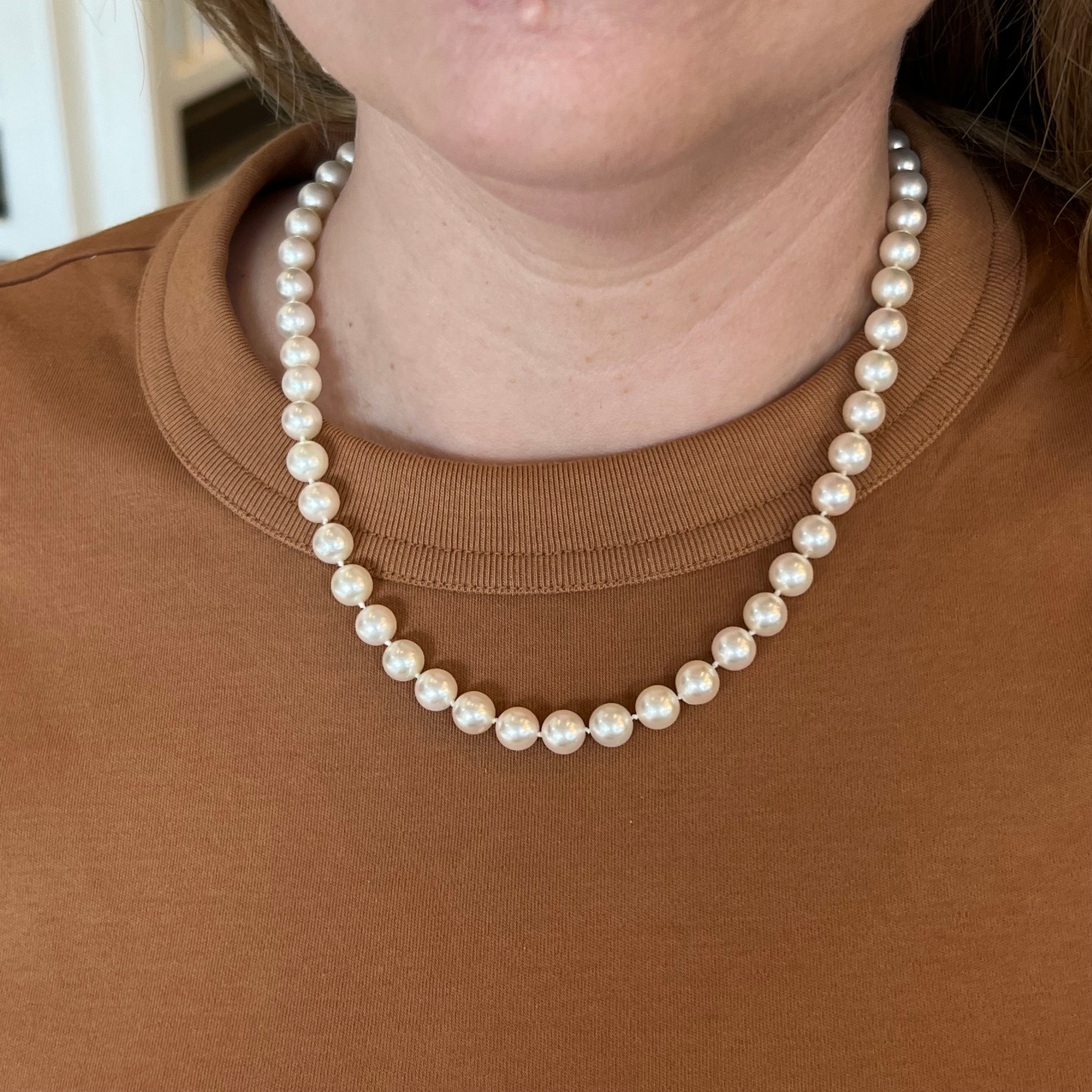 14K White Gold & Diamond Akoya Pearl Double Strand Necklace - modaselle