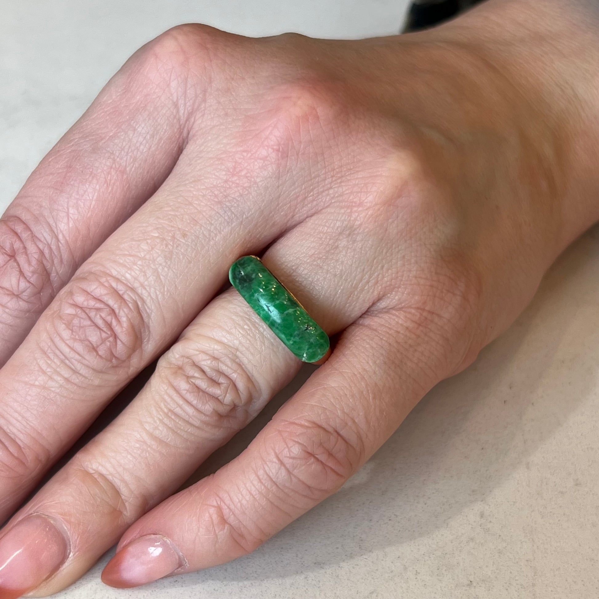 Mid-Century Jade Saddle Ring in 18k Yellow Gold