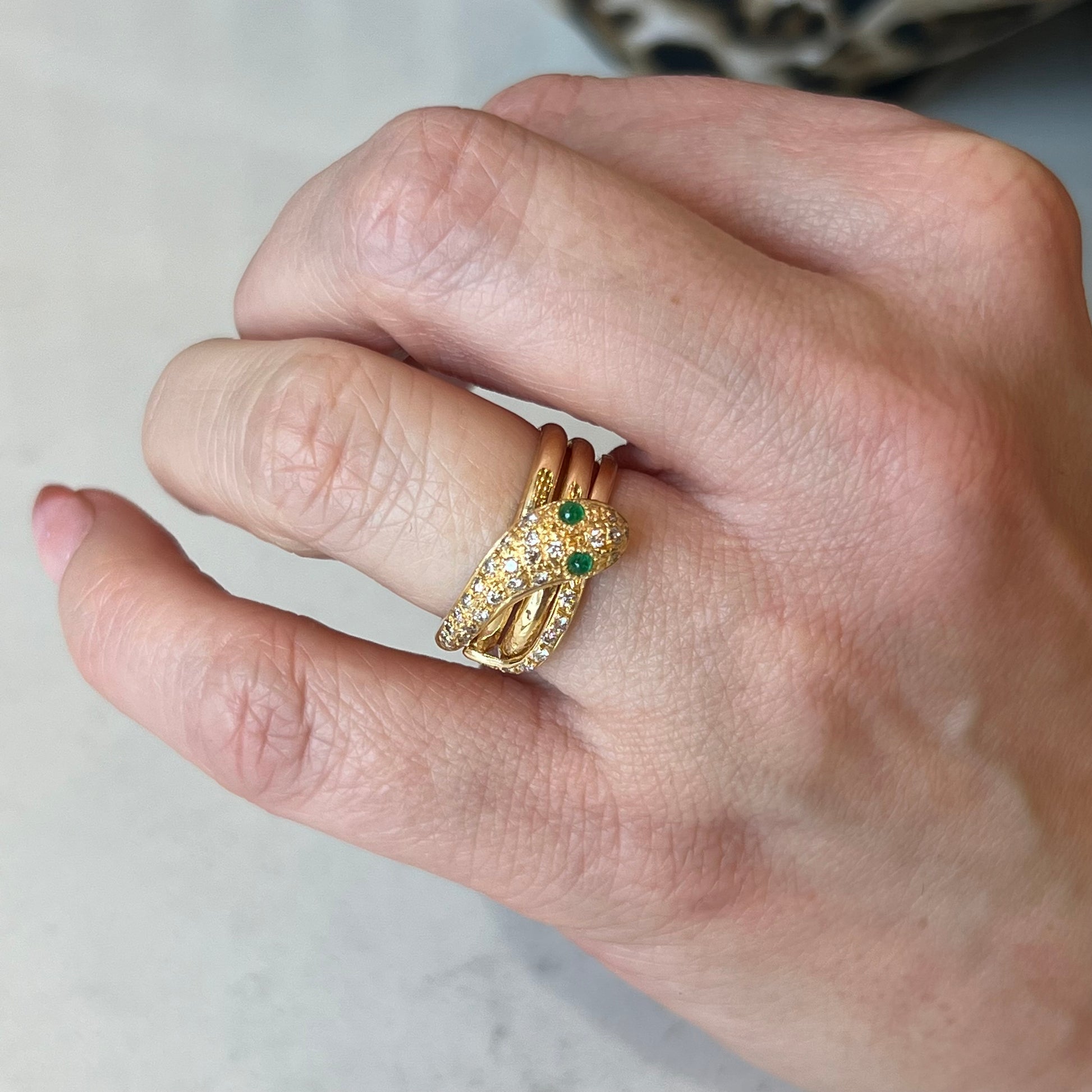 Modern Pave Diamond & Emerald Snake Ring in 18k Yellow Gold