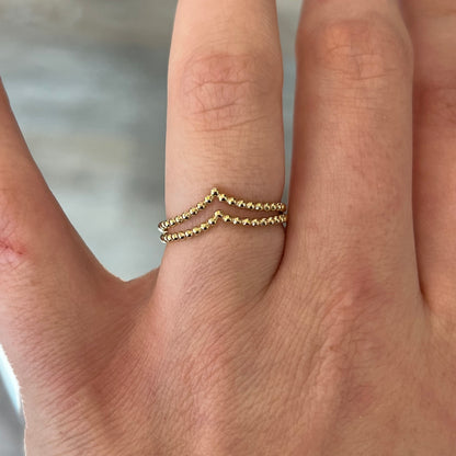 Double V Shape Beaded Contour Wedding Band In 14k Yellow Gold