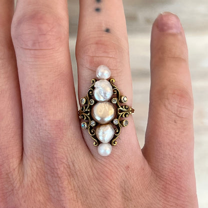 Victorian Diamond Ring w/ Keshi Pearls in Yellow Gold