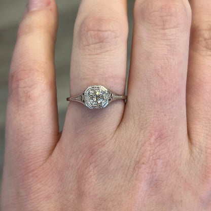 Engagement Ring Art Deco .44 Old European Cut Diamond 18K White Gold