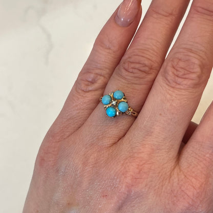 Victorian Turquoise & Pearl Cocktail Ring in 10k Gold