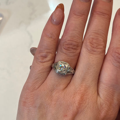 Low Profile Filigree Diamond Engagement Ring in 18k