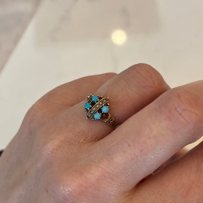 Victorian Cabochon Turquoise & Pearl Cocktail Ring 10k