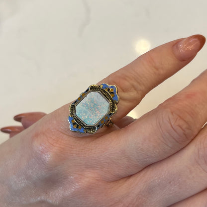 Vintage Art Deco Opal and Enamel Ring in 14k Yellow Gold