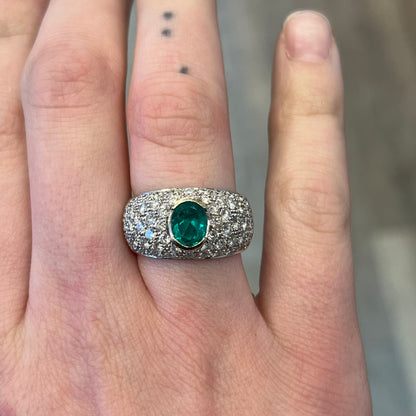 Emerald & Pave Diamond Cocktail Ring in 18k White Gold