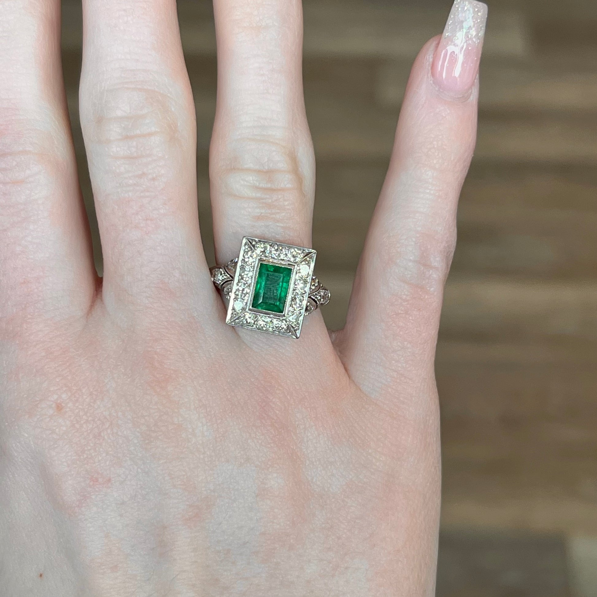 1.07 Art Deco Emerald & Diamond Cocktail Ring in Platinum