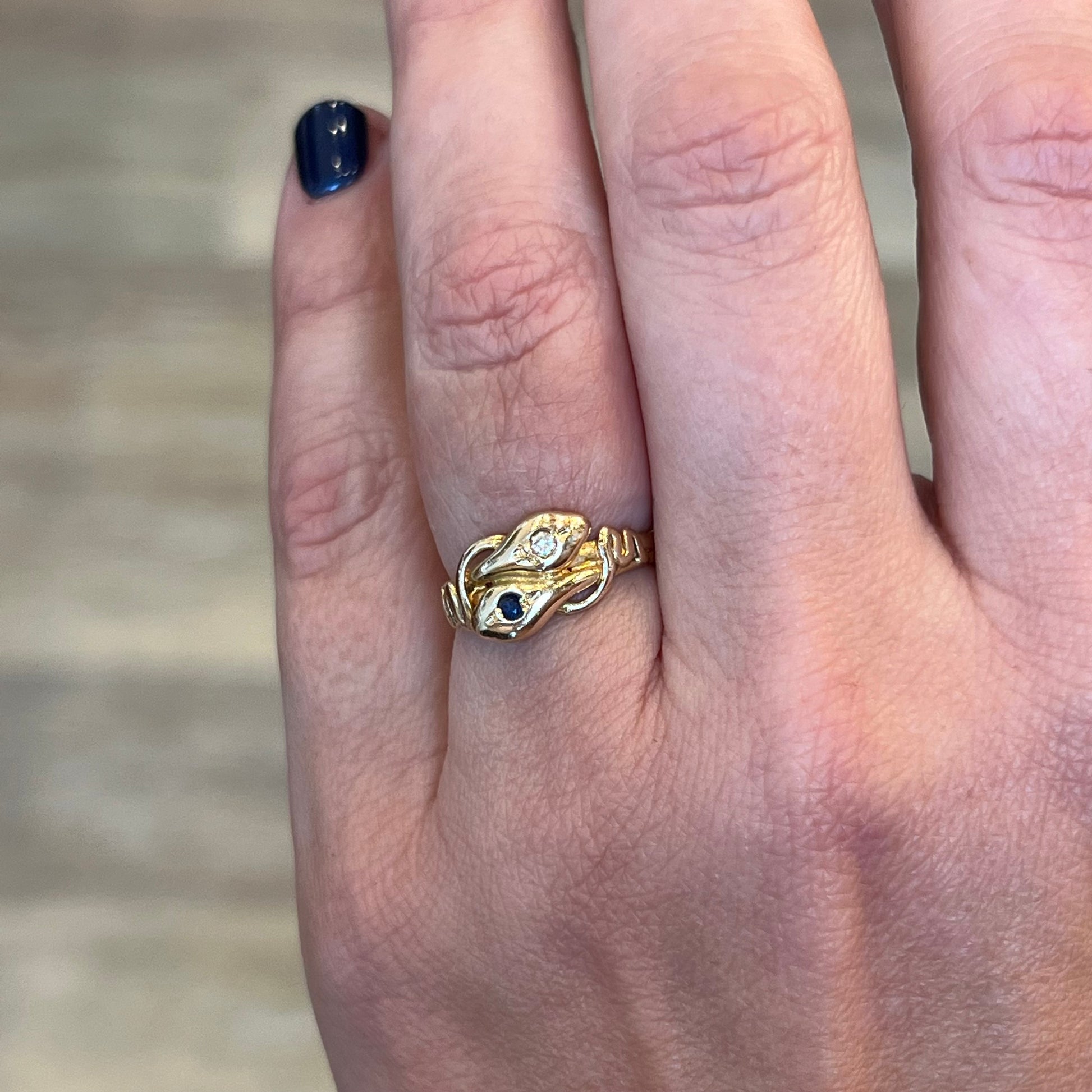 Victorian Diamond Sapphire Snake Ring in 14k Yellow Gold