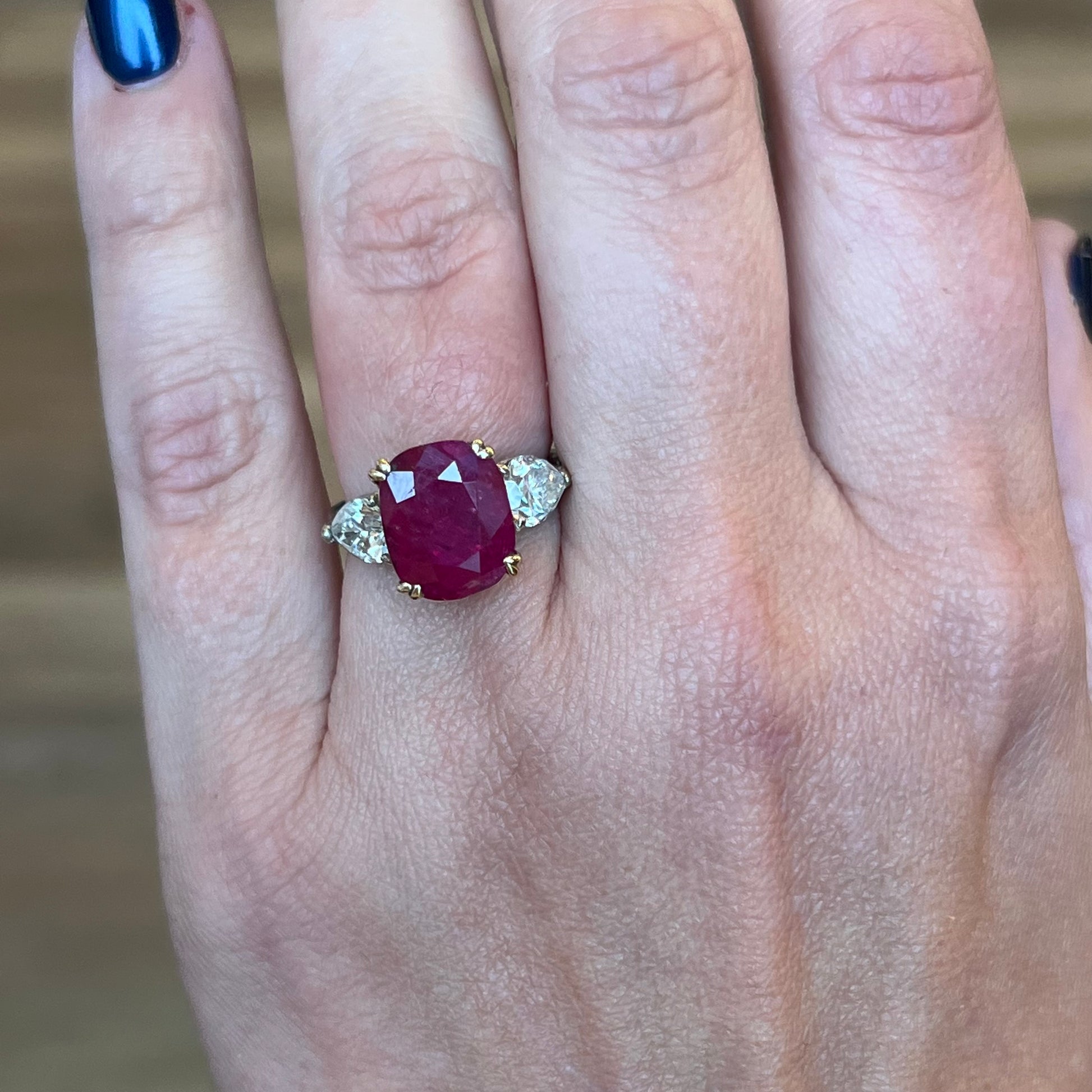 No Heat Ruby & Pear Cut Diamond Ring in 18k & Platinum