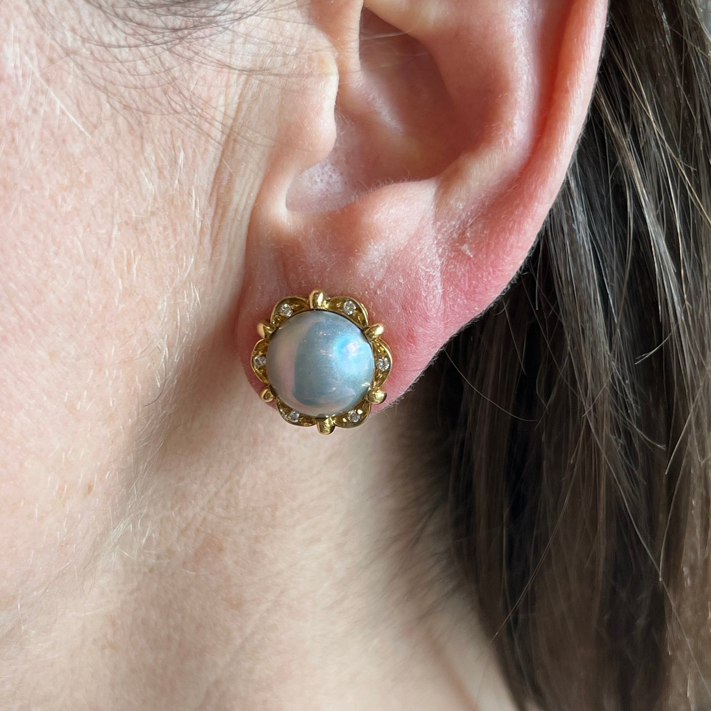 Vintage Mid-Century Pearl Earrings w/ Diamonds