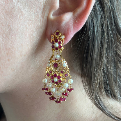 2.52 Ruby & Pearl Earrings in 22k Yellow Gold