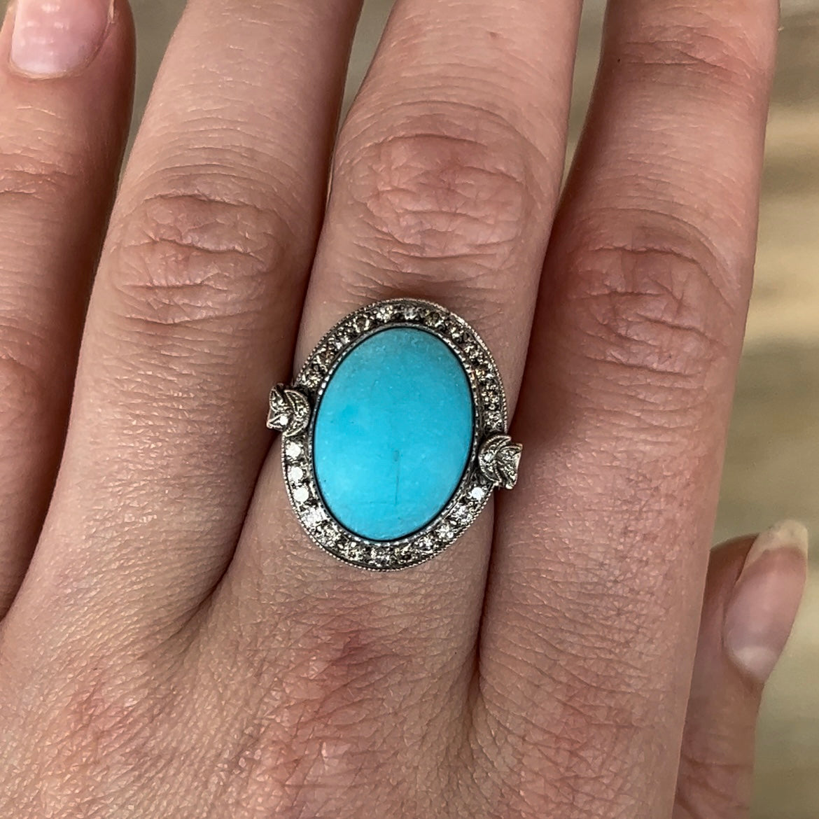 Victorian Turquoise & Diamond Halo Ring in 14k White Gold