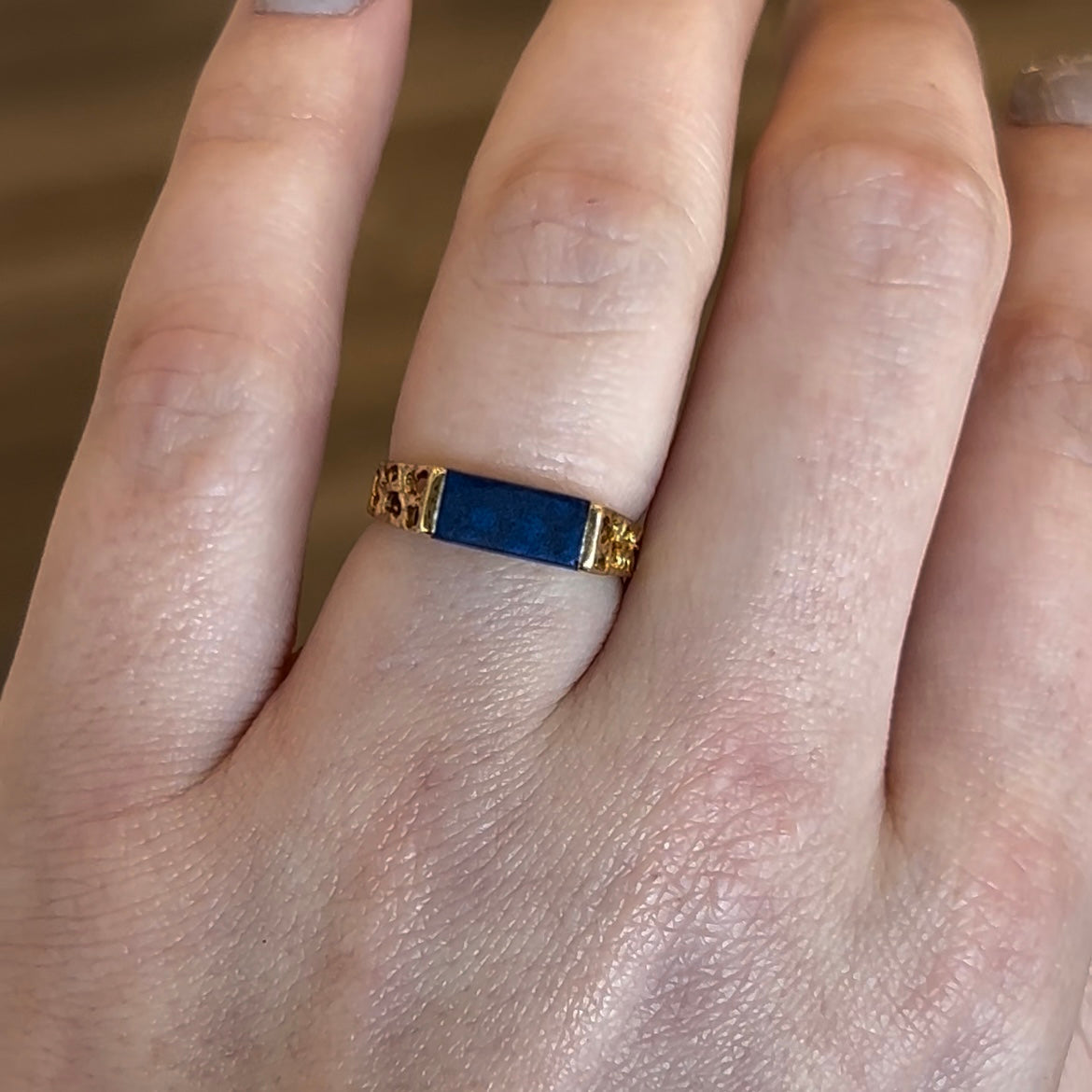 Mid-Century Lapis Ring with Organic Texture in 18k Yellow Gold