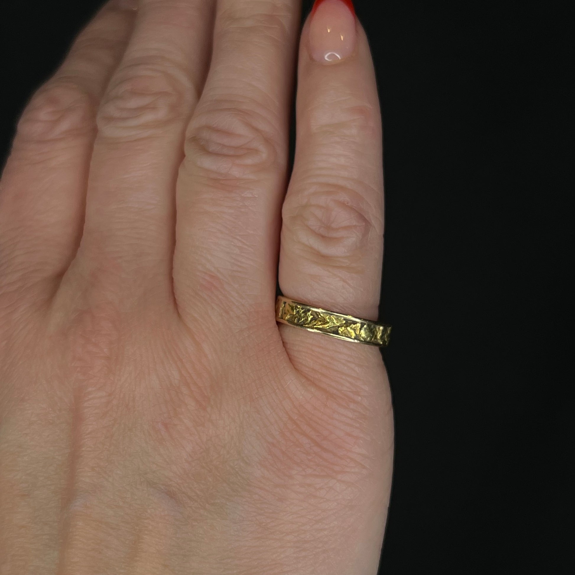 Mid-Century Gold Nugget Wedding Band in 14k Yellow GoldComposition: 14 Karat Yellow GoldRing Size: 4.75Total Gram Weight: 3.9 gInscription: 14k MFR - MJ  6-18-'66