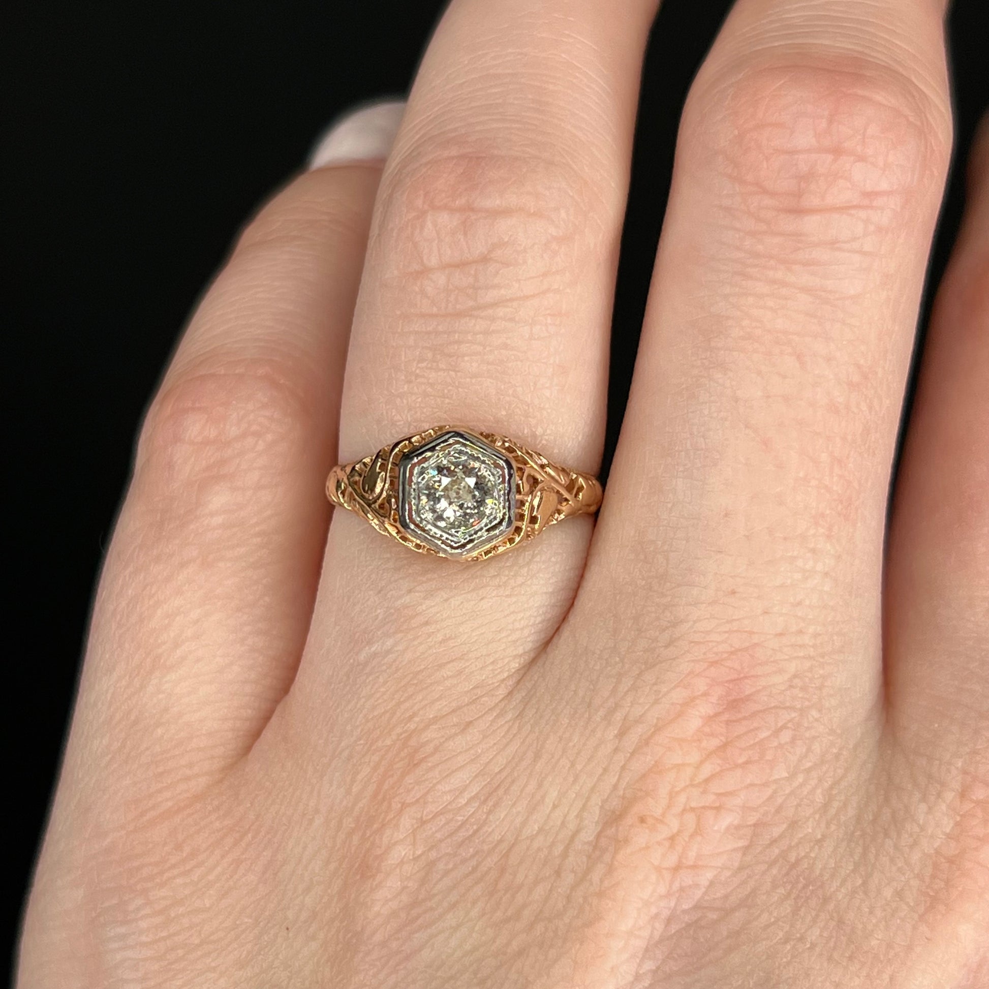 Two-Tone Retro Filigree Diamond Engagement Ring 14k