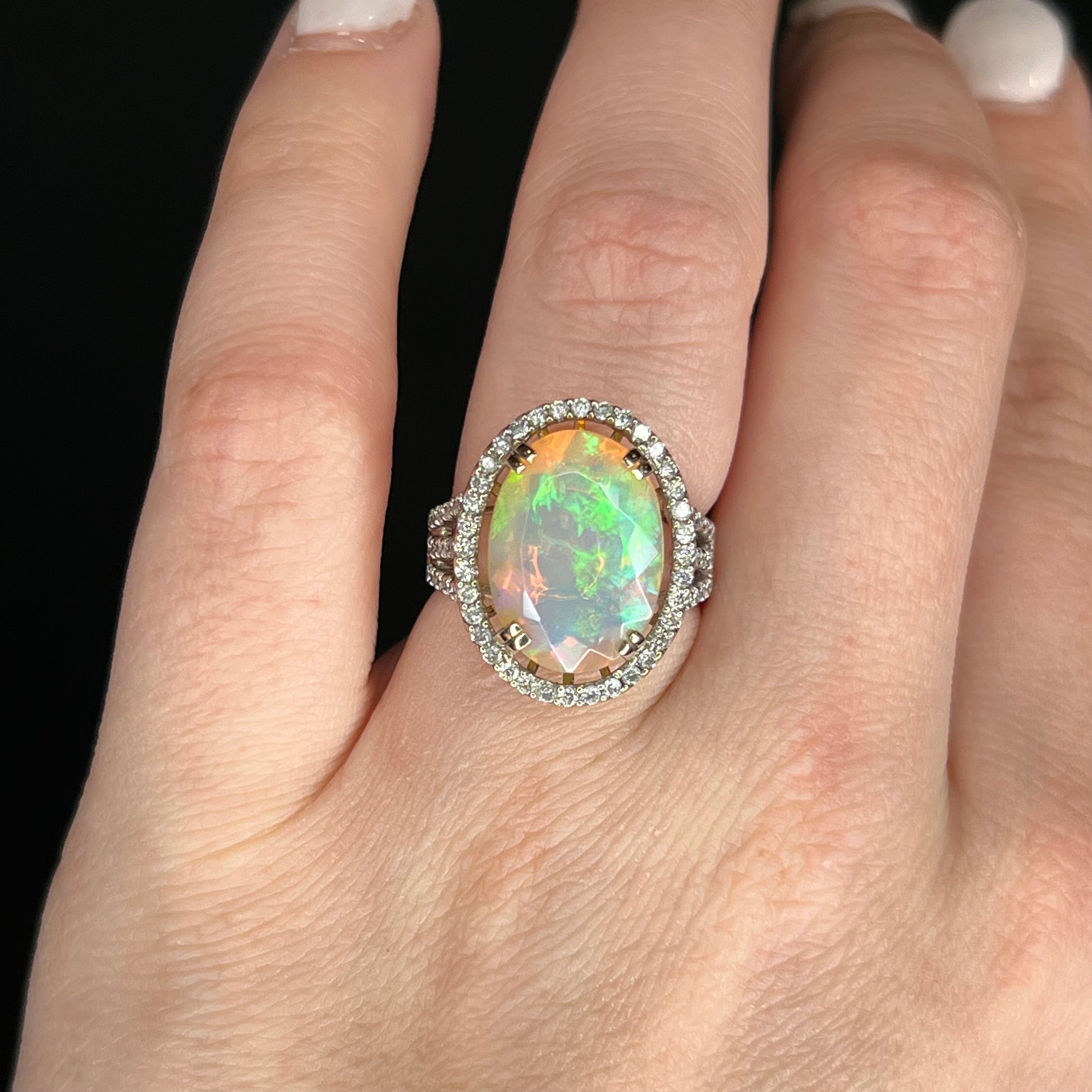 Opal Round Brilliant Cut Diamond Ring in 14k White Gold