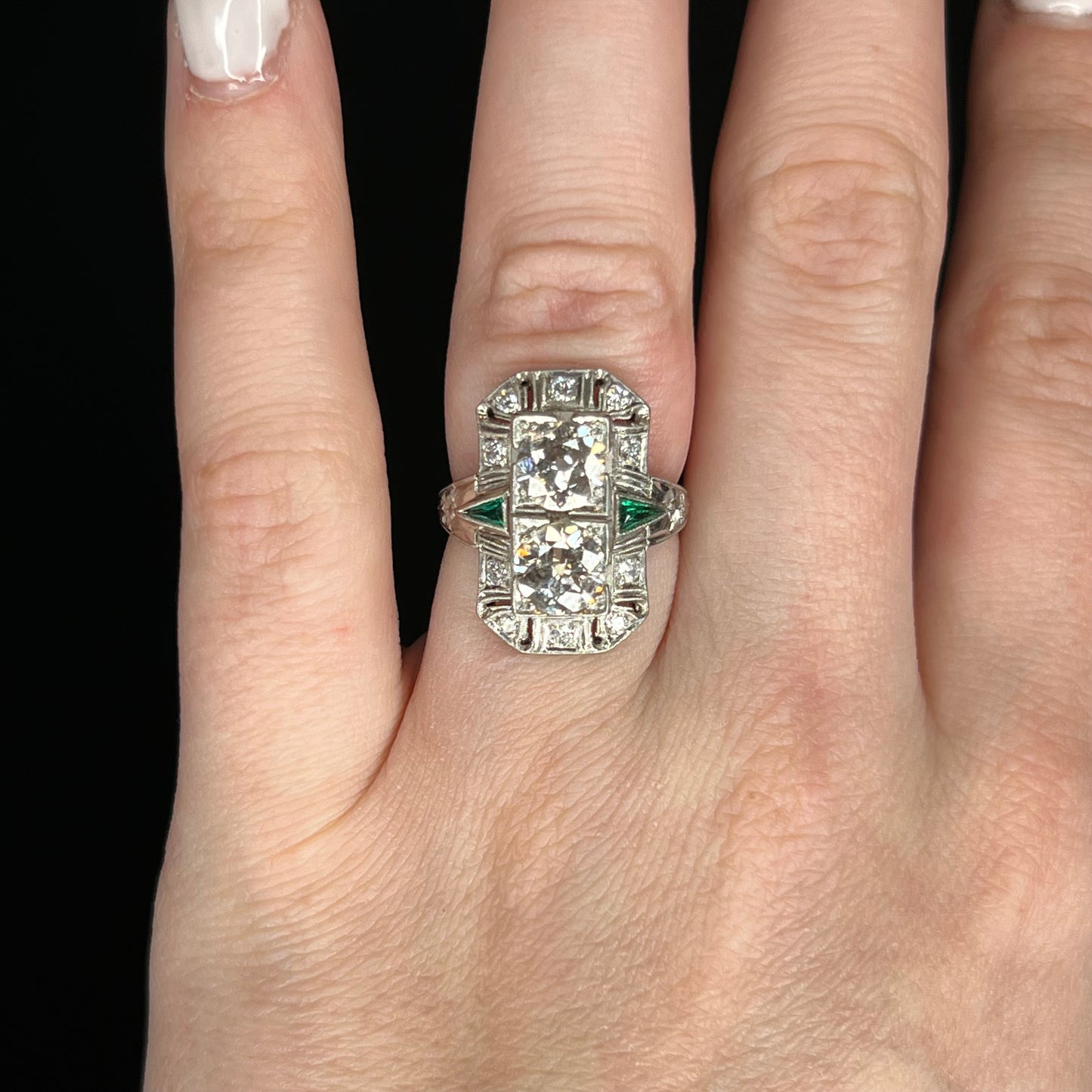 Antique Double Diamond & Emerald Cocktail Ring in Platinum