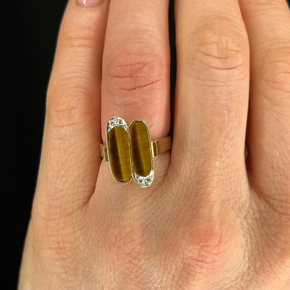 Mid-Century Tiger's Eye Cocktail Ring in 14k Yellow Gold