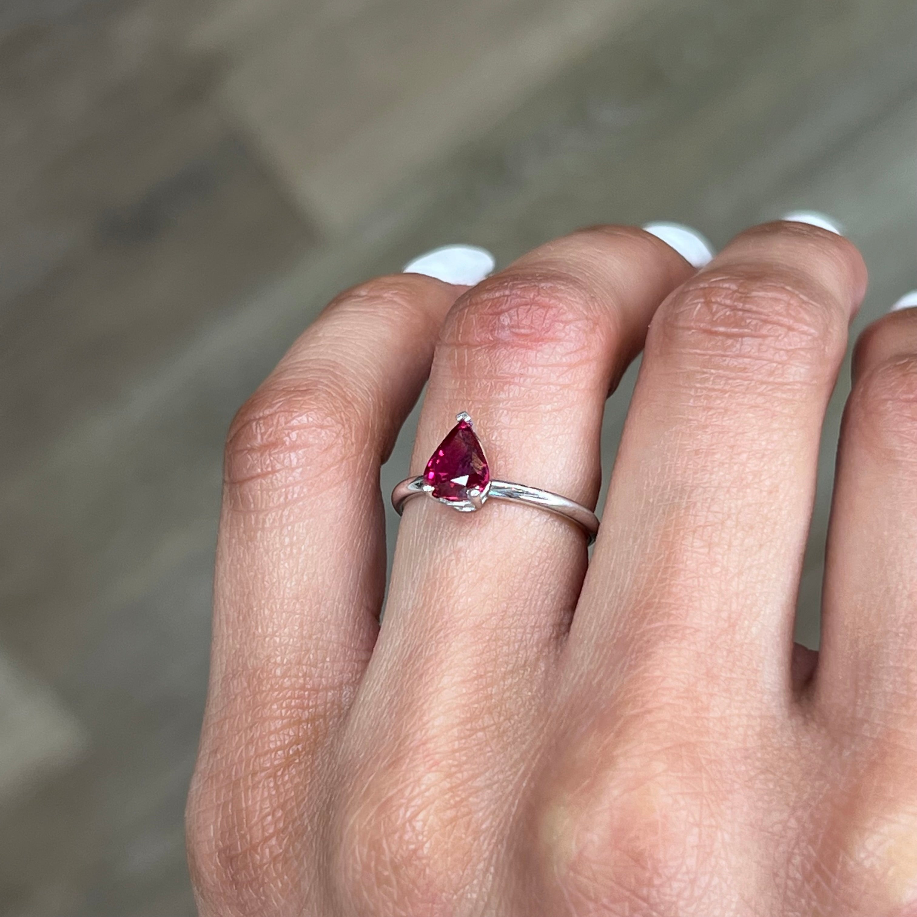 The Rosy Pear Red Ruby Ring Diamond Halo Twist Band
