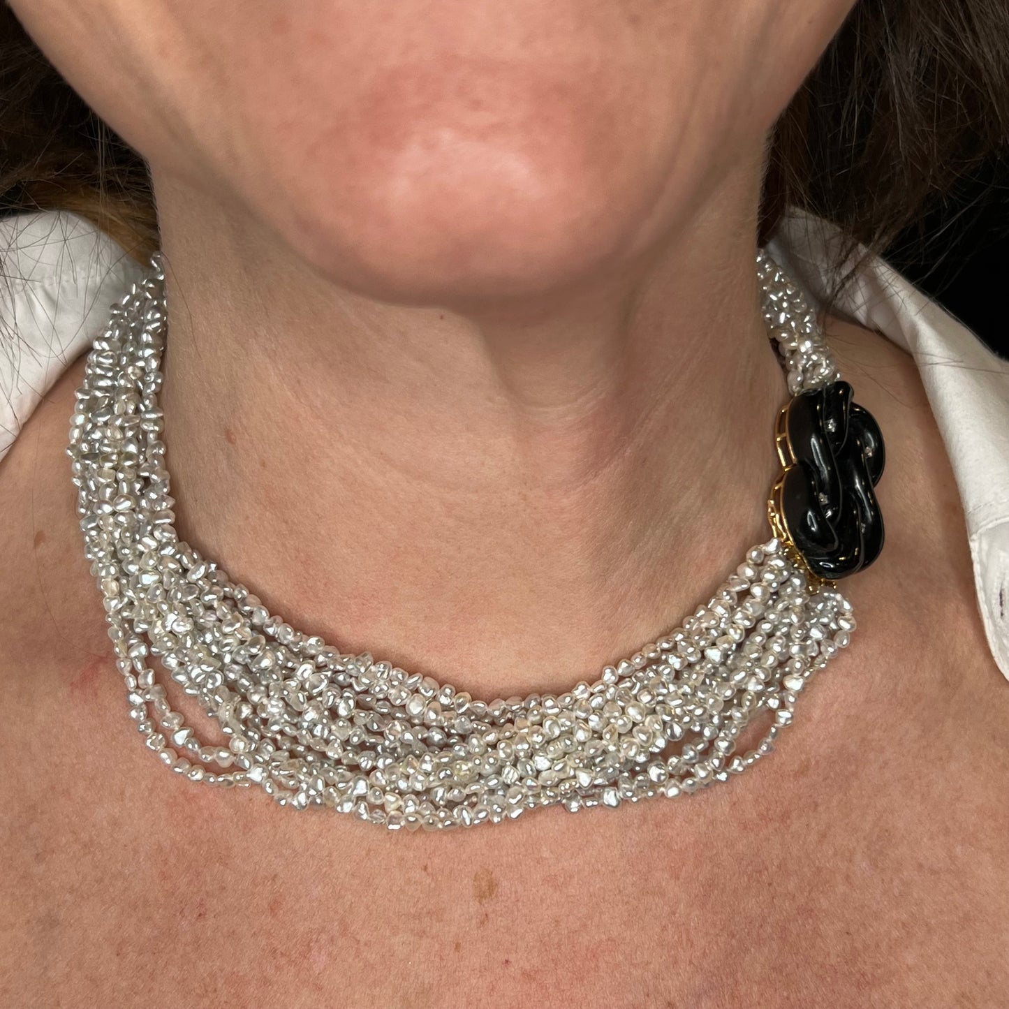 Multi Strand Pearl Necklace w/ Onyx & Diamonds in 14k