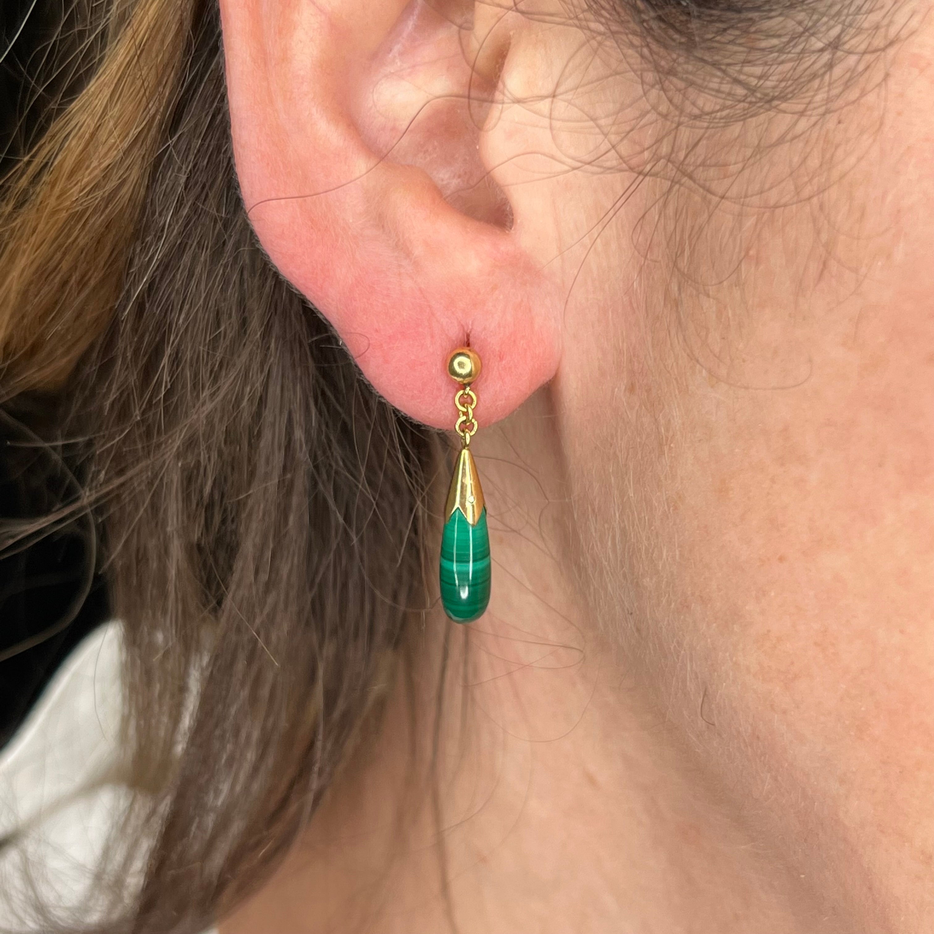 Mid-Century Malachite Drop Earrings 14k Yellow Gold – Filigree