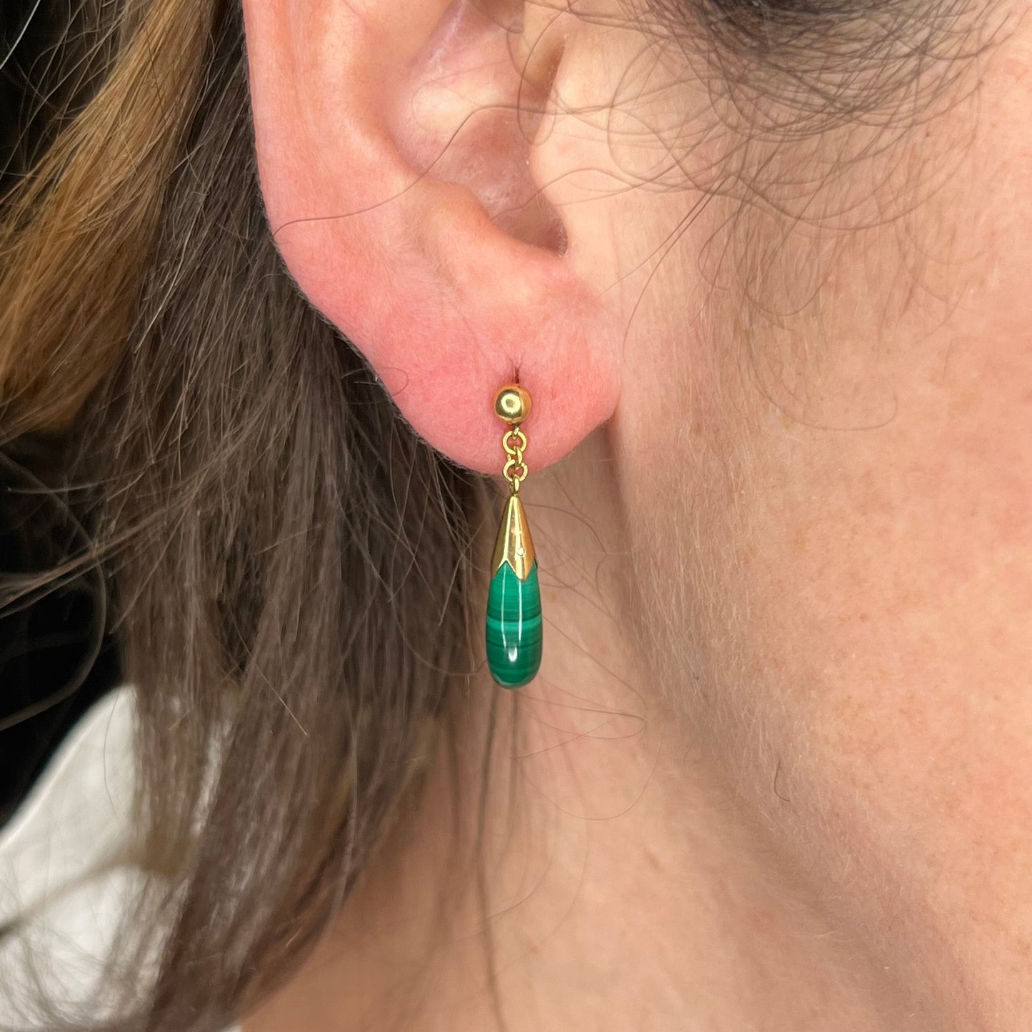 Mid-Century Malachite Drop Earrings 14k Yellow Gold