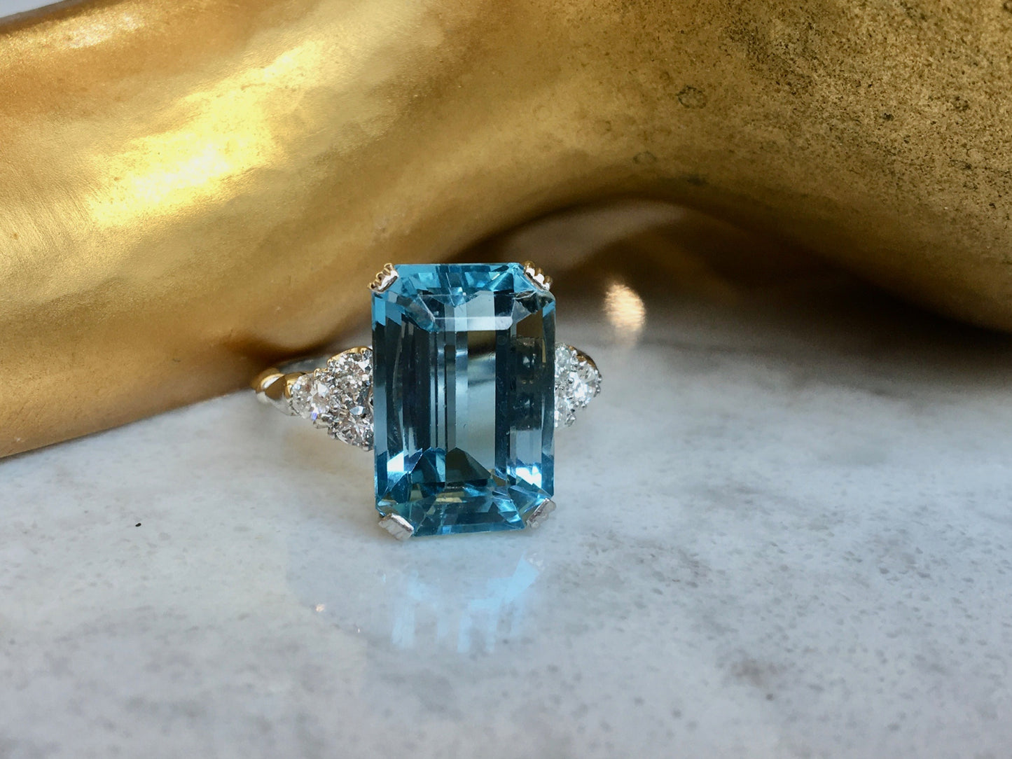 Vintage Petri Jewelers Emerald Cut Aquamarine & Diamond Ring