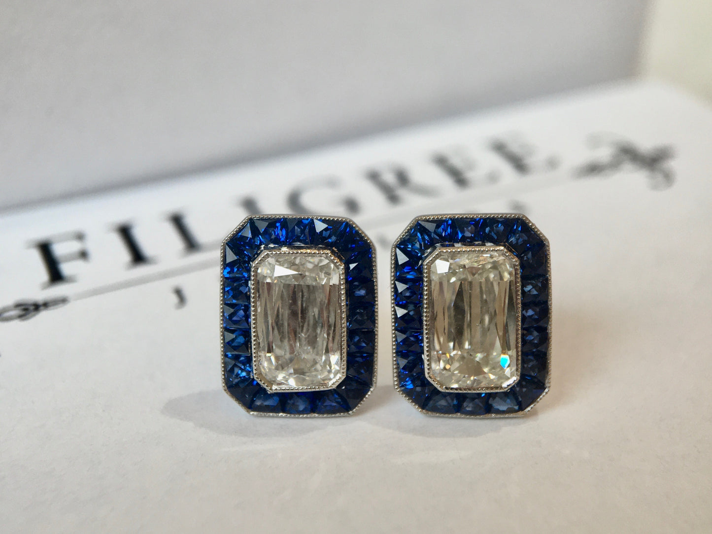 Crisscut Diamond Earrings w/ Sapphire Accents Platinum