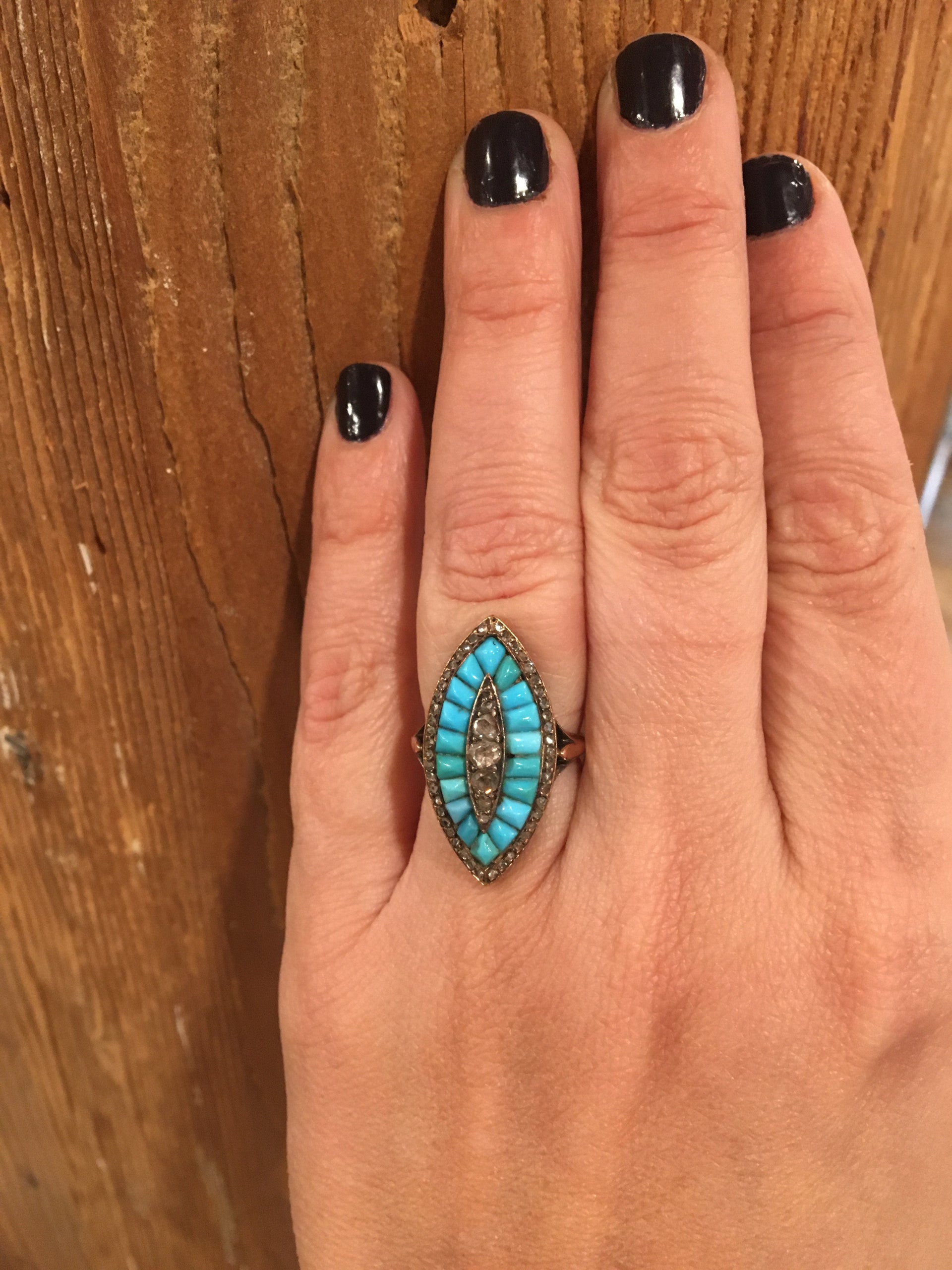Vintage Victorian Diamond & Turquoise Ring in Rose Gold