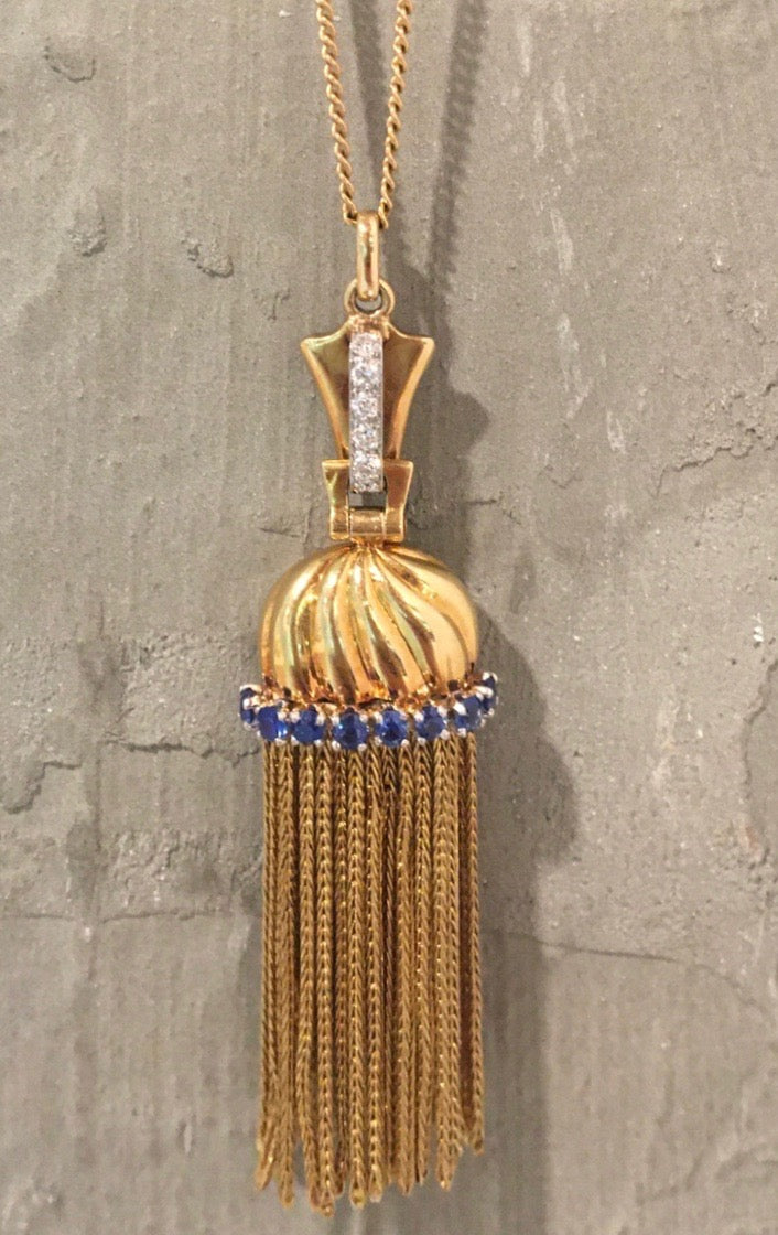 Vintage French Retro Diamond & Sapphire Tassel Pendant in Yellow Gold