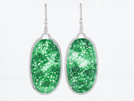 Jade Carved Earrings Modern 1.87 Round Brilliant Cut Diamond in Platinum