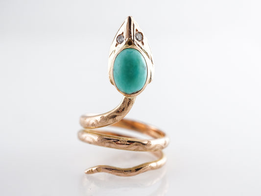 Mid-Century Cabochon Turquoise & Diamond Snake Ring 14k