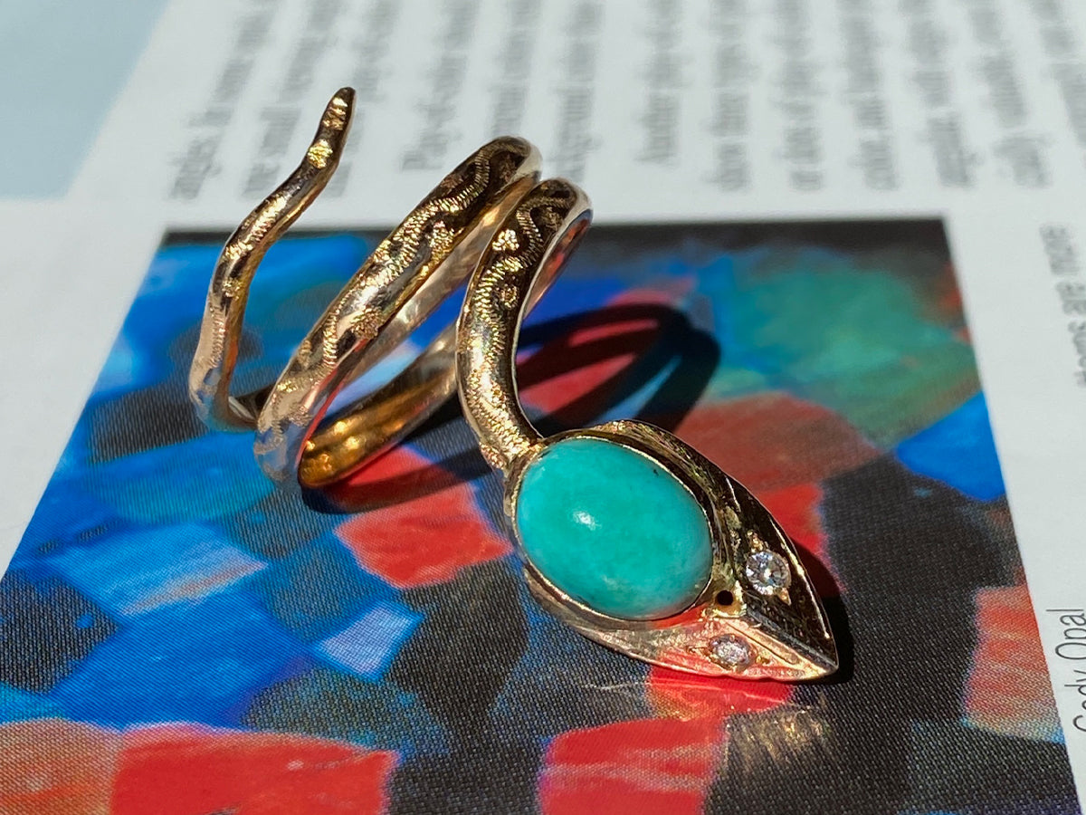 Mid-Century Cabochon Turquoise & Diamond Snake Ring 14k