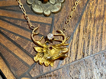 Mid-Century Elk Pendant & Chain Necklace w/ Diamond