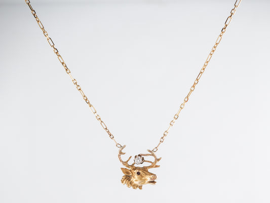 Mid-Century Elk Pendant & Chain Necklace w/ Diamond