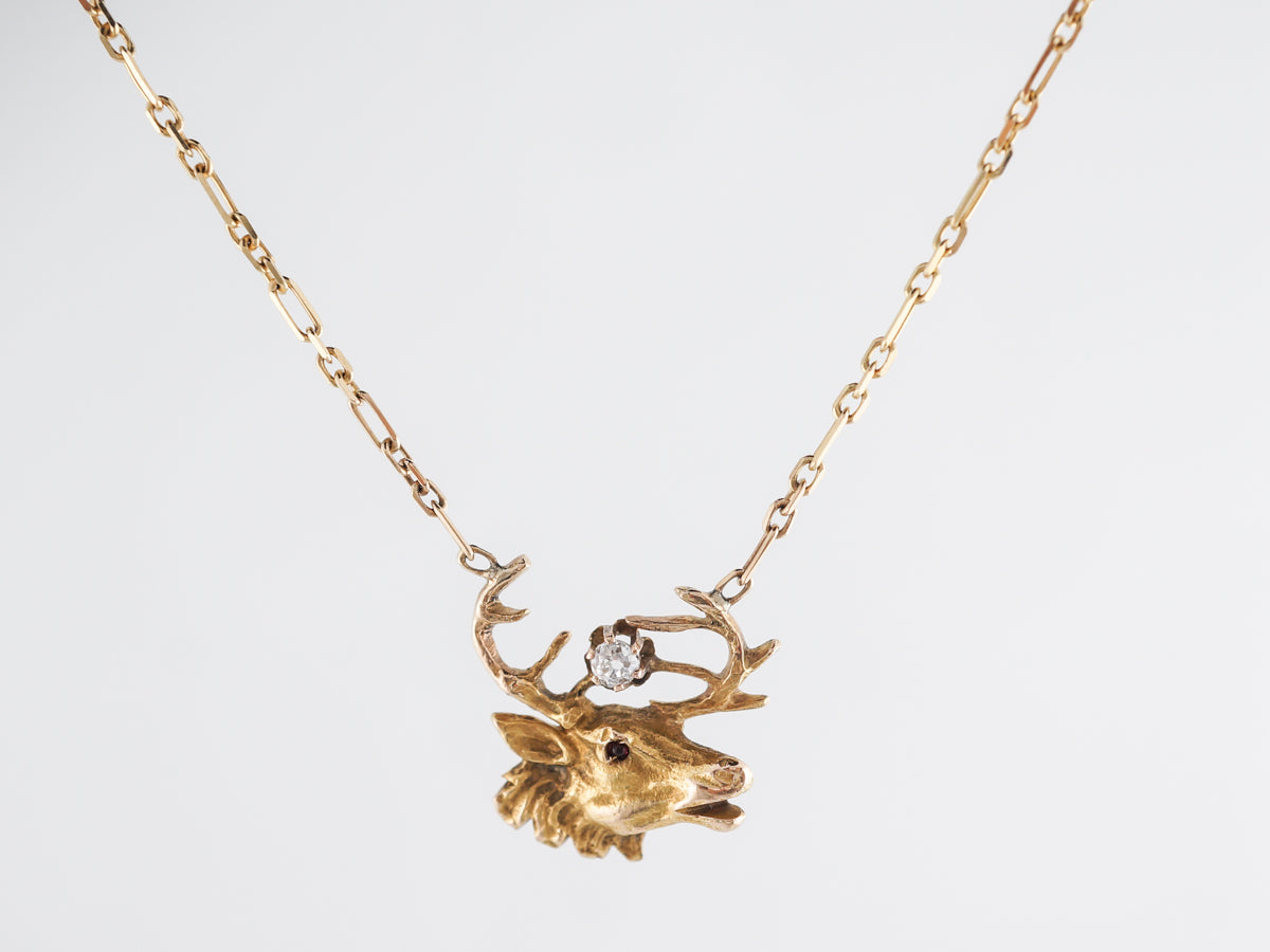 Mid-Century Elk Pendant & Chain Necklace w/ Diamond