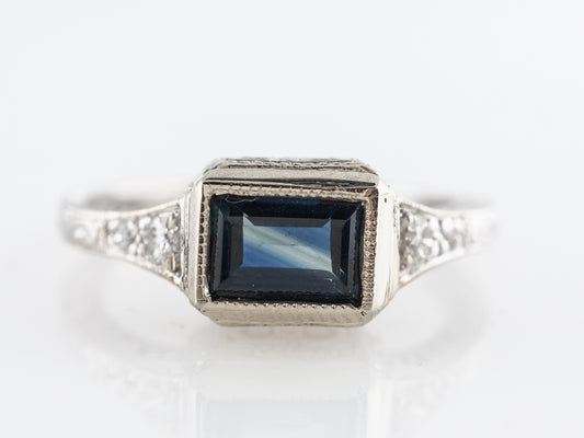 Mid-Century Emerald Cut Sapphire Ring with Diamond in 18K