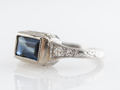 Mid-Century Emerald Cut Sapphire Ring with Diamond in 18K