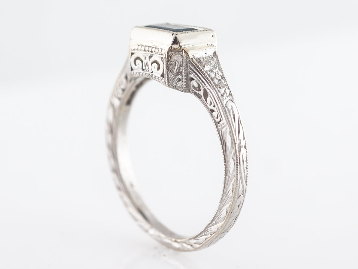 Mid-Century Emerald Cut Sapphire Ring with Diamond in 18K