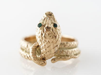 Mid-Century Snake Ring w/ Round Cut Emeralds in 14k Yellow Gold