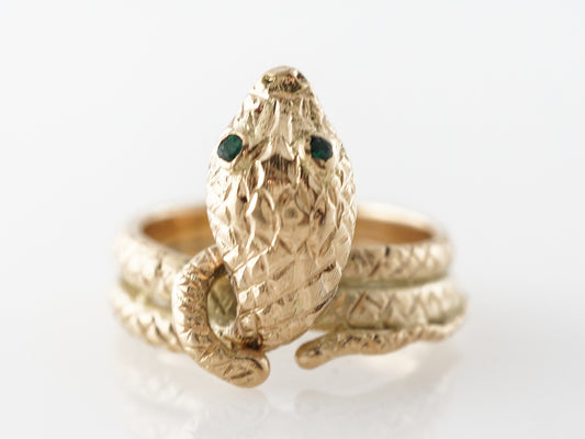 Mid-Century Snake Ring w/ Round Cut Emeralds in 14k Yellow Gold
