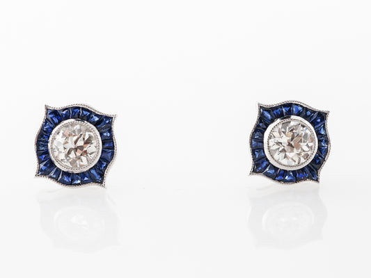 Vintage Style Diamond Stud Earrings w/ Sapphire Accents