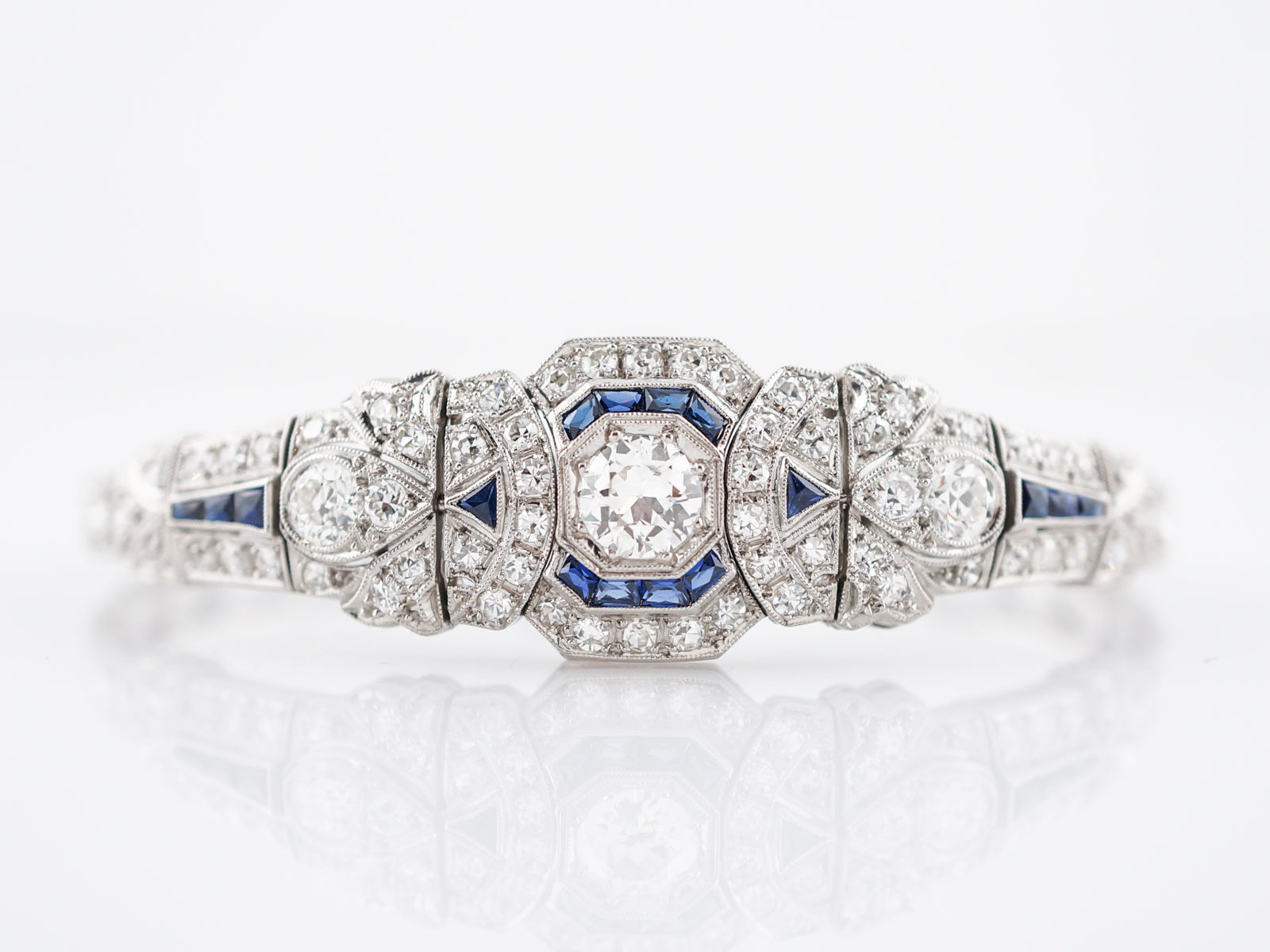 Bracelet Modern Art Deco Style 4.55 Old European Cut Diamonds & .96 Sapphire in Platinum
