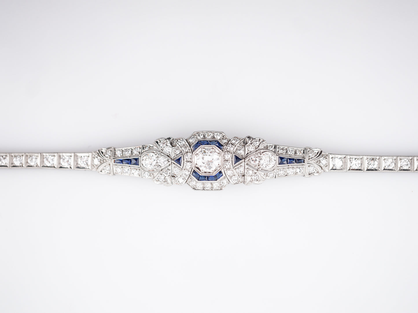 Antique Bracelet Art Deco 4.55 Old European Cut Diamonds & .96 Sapphire in Platinum