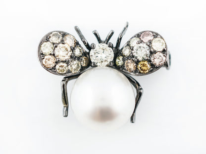 Bug Pin Pearl & Round Brilliant Cut Diamonds in 18k Gold
