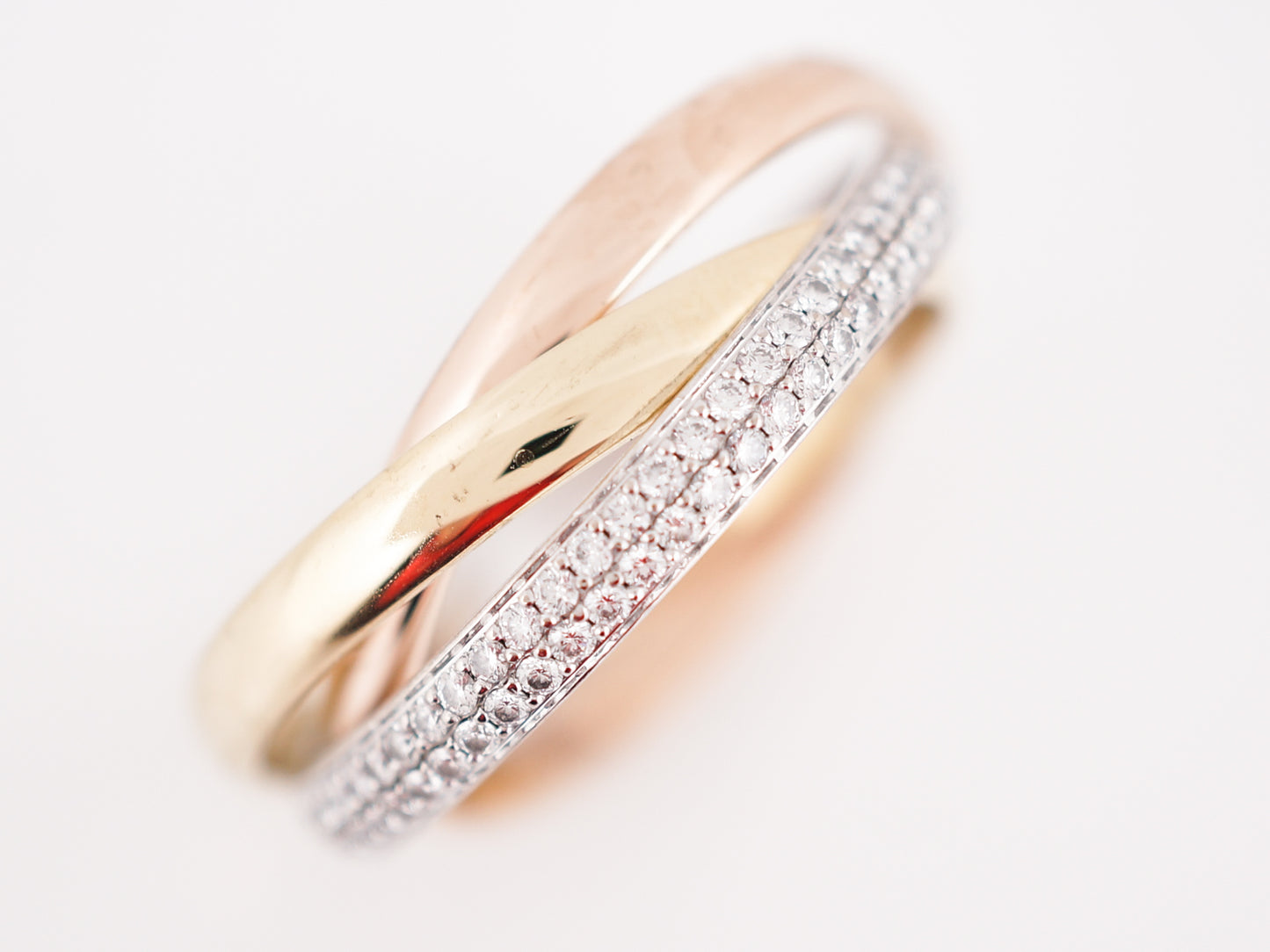 Cartier Trinity Roll Ring Modern 1.18 Round Brilliant Diamonds in 18k Yellow, White, & Rose Gold