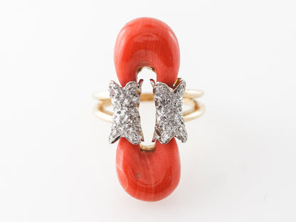 Coral & Pave Diamond Ring in 18k Yellow Gold