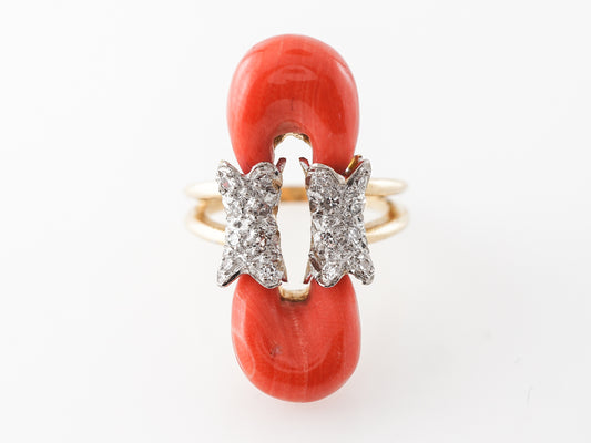 Coral & Pave Diamond Ring in 18k Yellow Gold