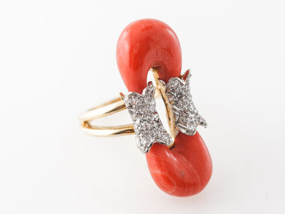 Coral & Pave Diamond Ring in 18k Yellow Gold